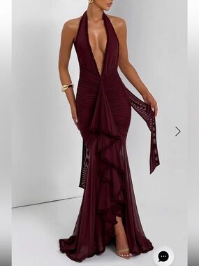 Burgundy Dark Red Ruffle Plunge Neckline Maxi Dress
